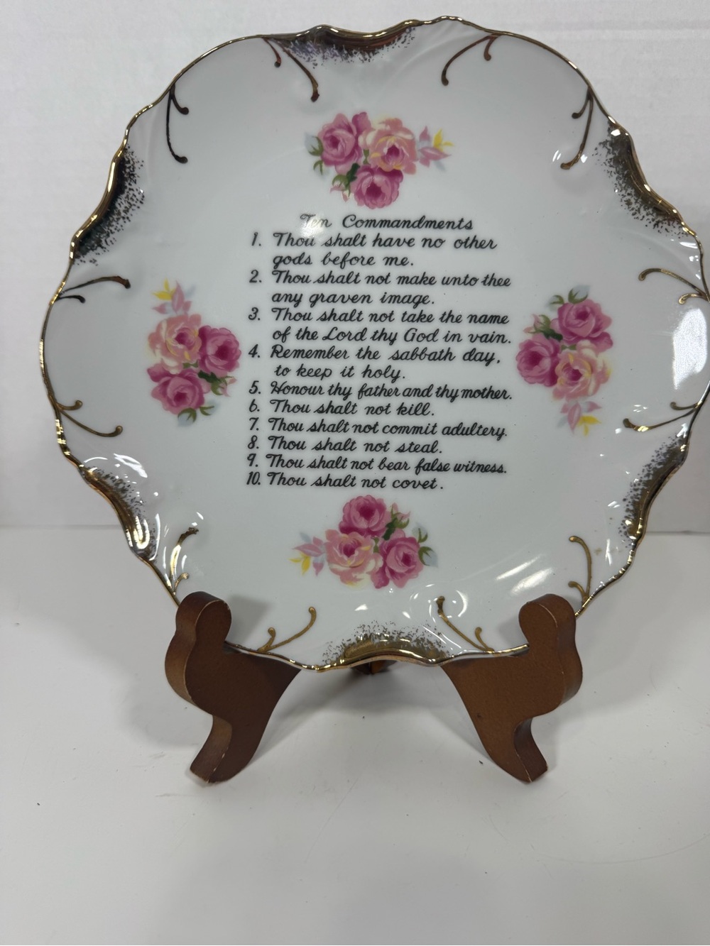 Porcelain Floral 'Ten Commandments' Decorative Plate - White with Pink Roses